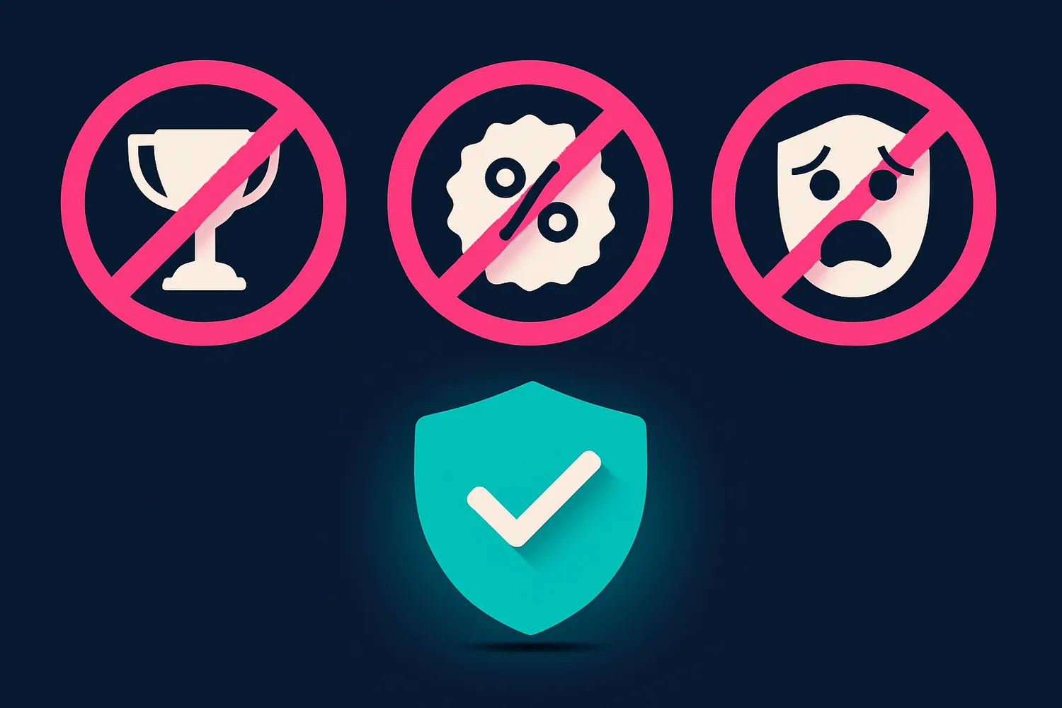 Three prohibited claims: superlatives, guaranteed outcomes, fear tactics — with a compliant checkmark shield