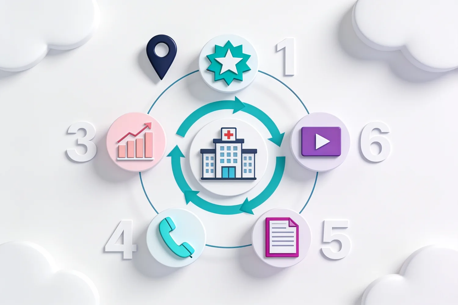 Six-part hospital marketing flywheel around a central hospital icon