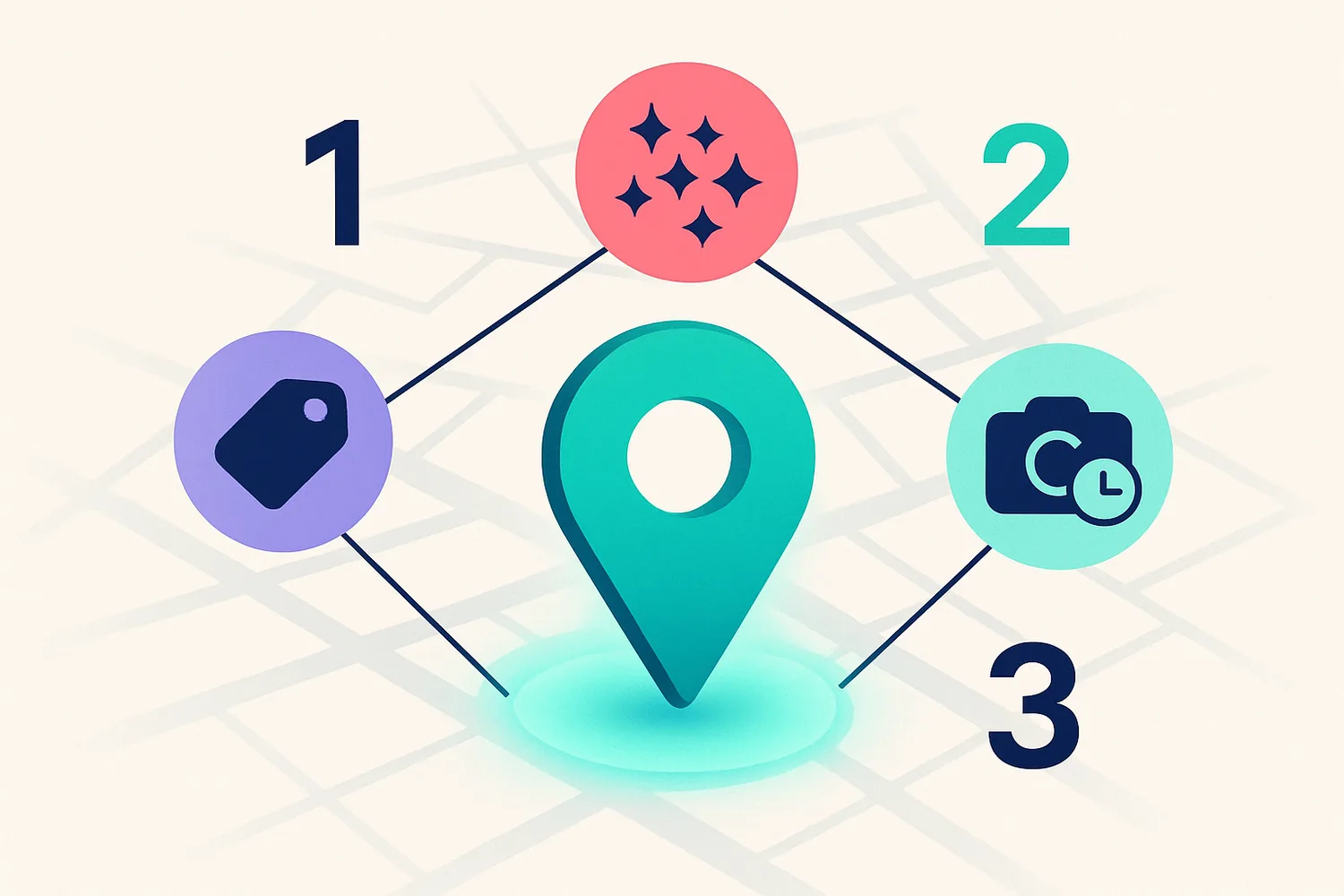 Three local pack signals around a map pin: category precision, review velocity, profile freshness