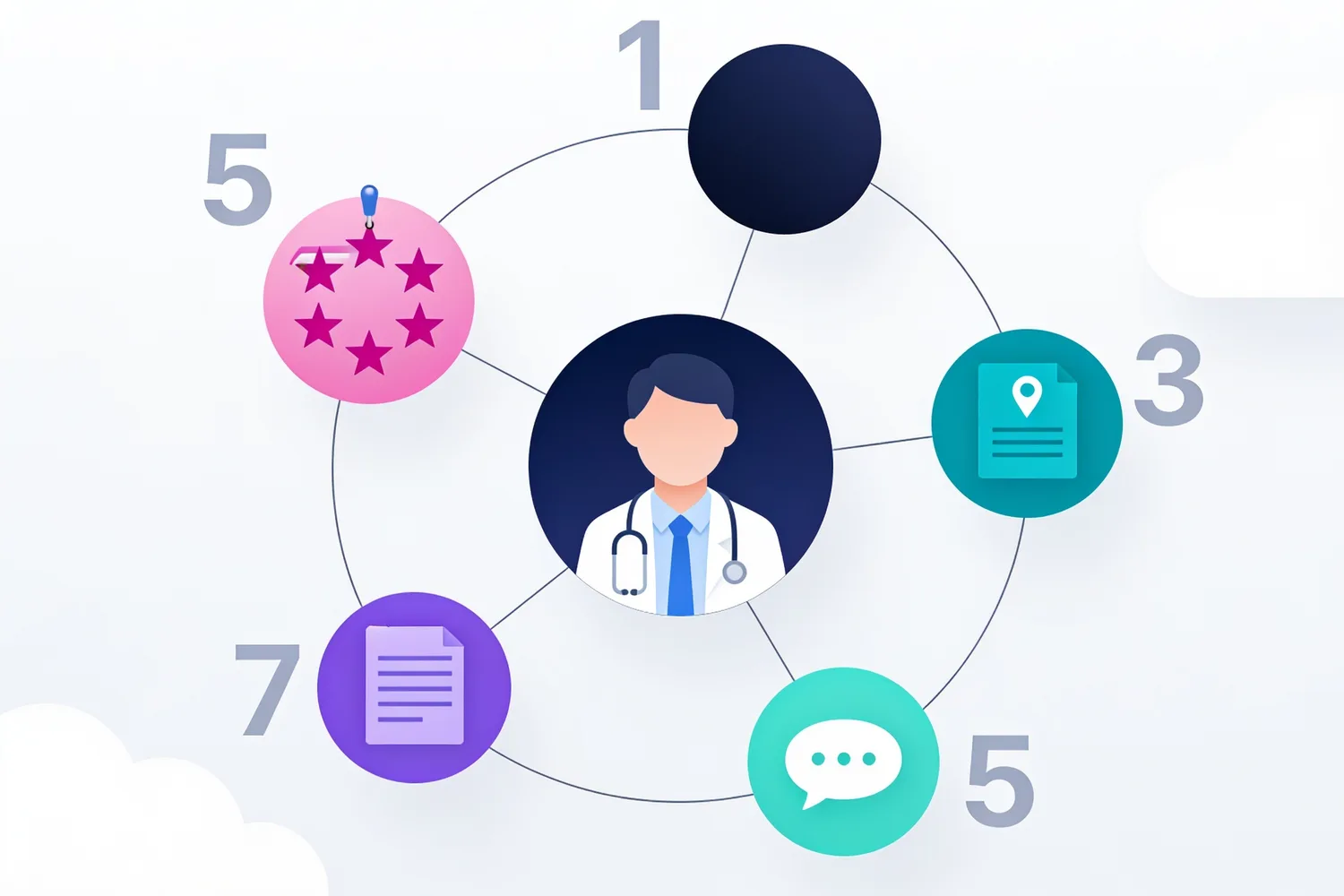 Doctor at the center of five reputation surfaces: reviews, profile, press, social, directories